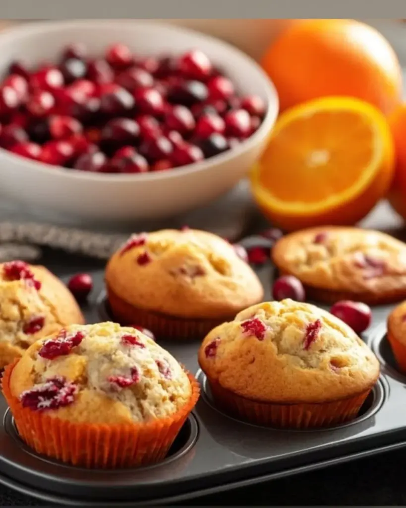 Freshly baked Cranberry-Orange Muffins on a rustic wooden table.