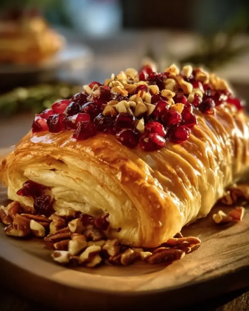 Cranberry Pecan Brie topped with cranberries and pecans on a serving platter.
