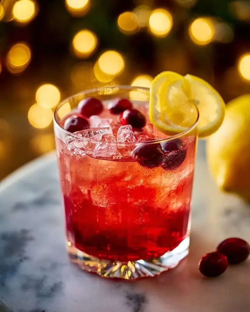 Cranberry Whiskey Sour cocktail served in a glass with cranberries and whiskey