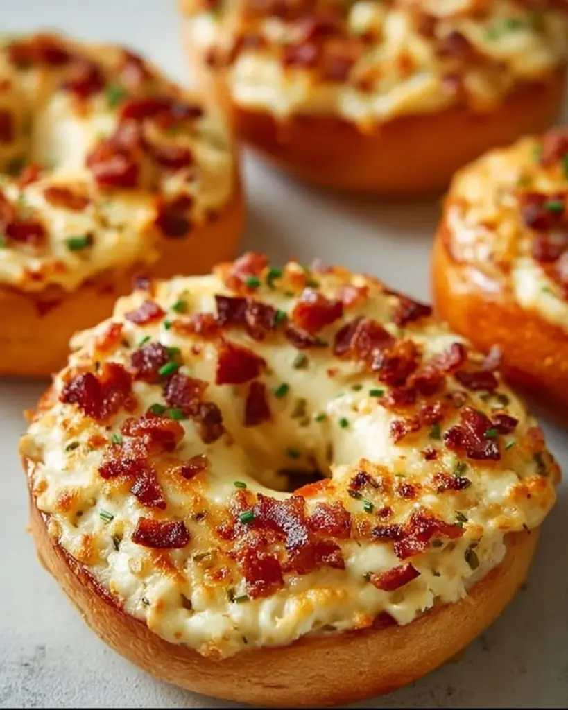 Creamy bacon cheddar bagels fresh out of the oven, golden and delicious.