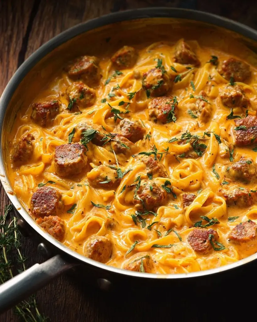 Creamy butternut squash gnocchi with sausage, thyme, and sage served in a bowl.