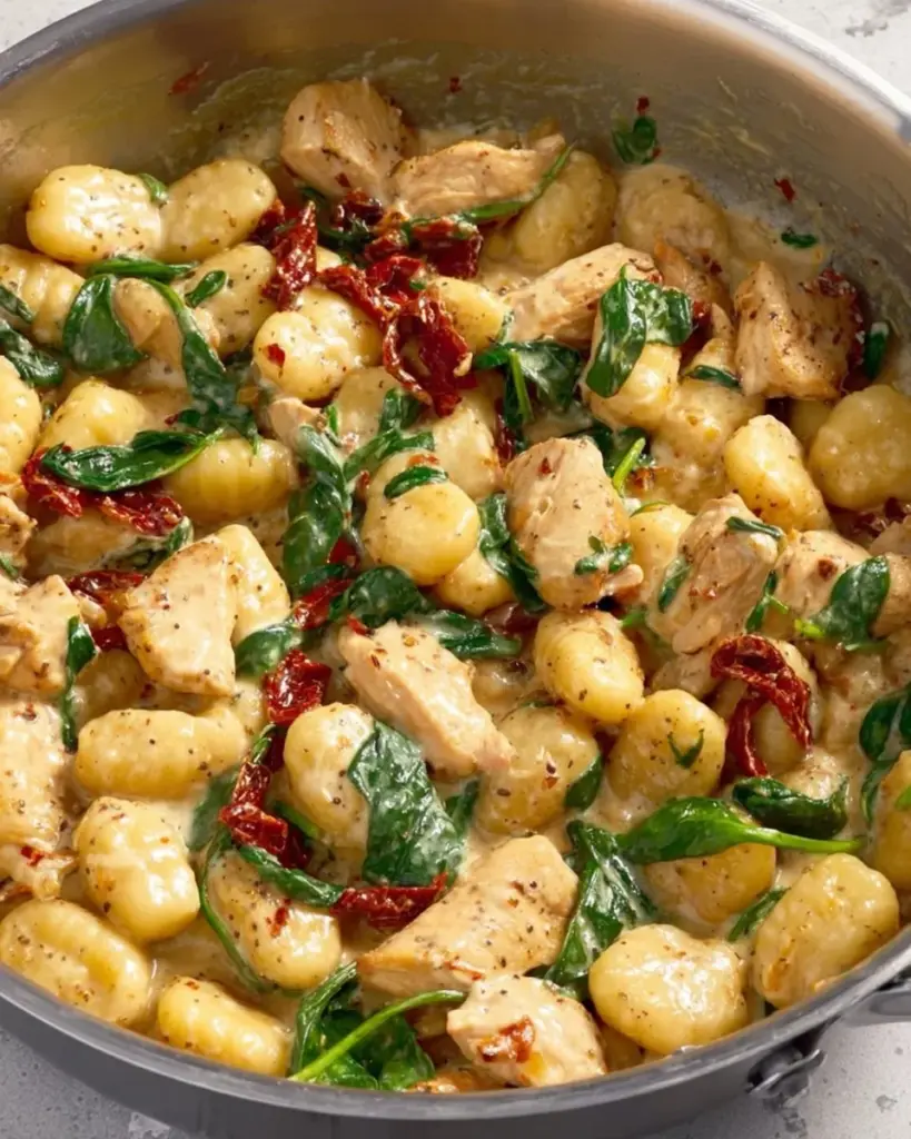 Creamy chicken and gnocchi in a delicious sauce served in a bowl.