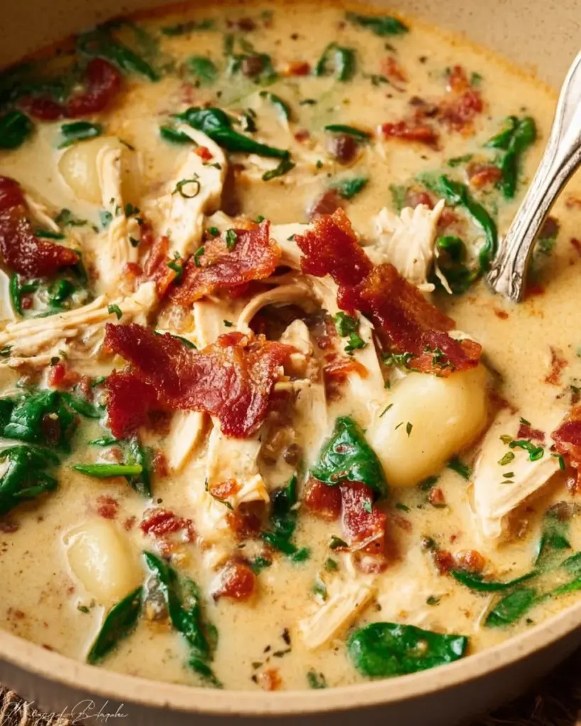 Delicious creamy chicken bacon gnocchi soup in a bowl with fresh herbs