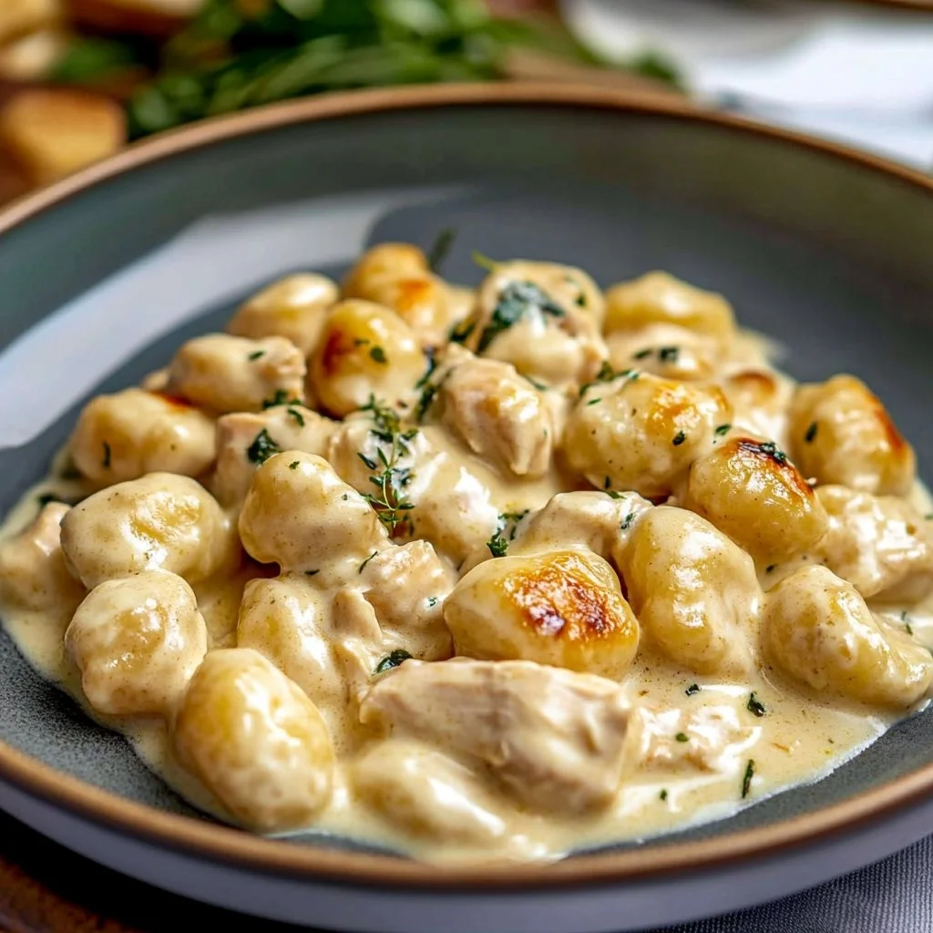 Bowl of creamy chicken gnocchi topped with herbs and served with a side salad