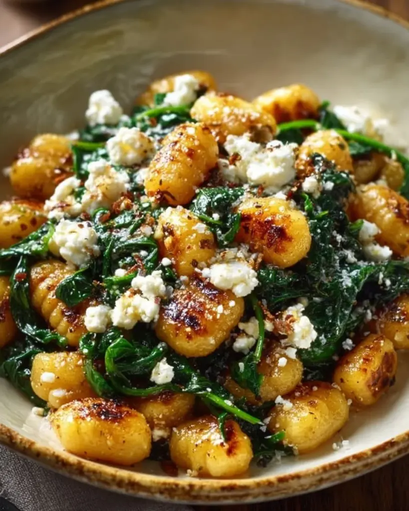 Creamy gnocchi with spinach and feta served in a bowl