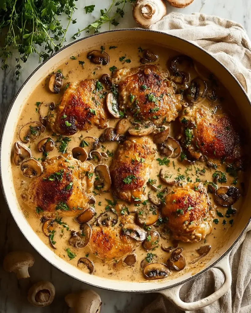 Plate of creamy mushroom chicken garnished with parsley