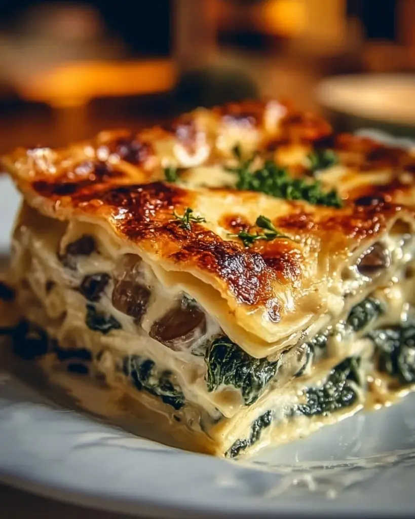 Creamy spinach and mushroom lasagna baked to perfection in a dish