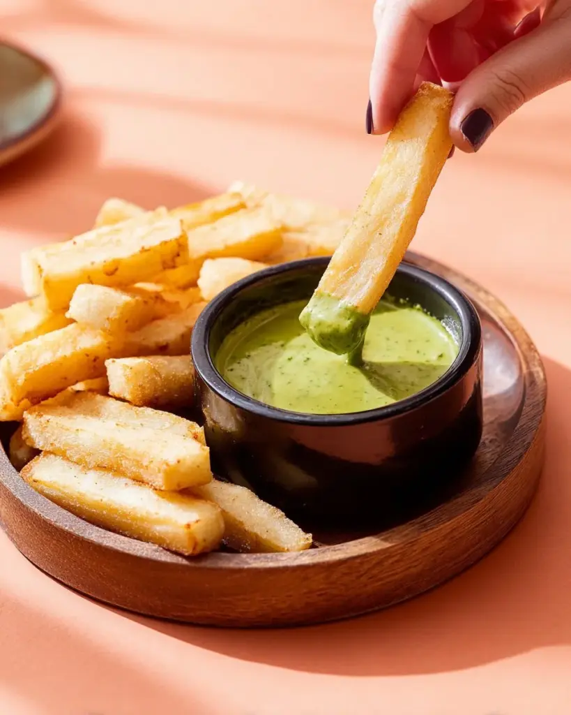 Crispy baked yuca fries with cilantro dipping sauce on a plate
