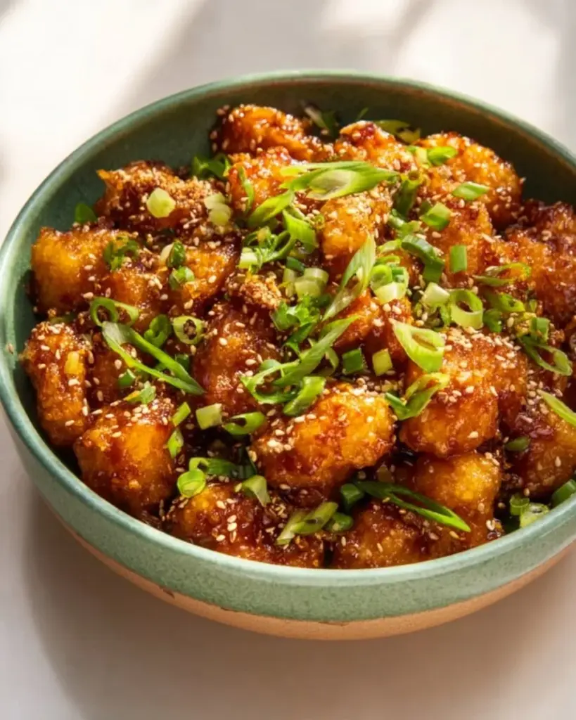 Crispy orange chicken with vibrant sauce and garnishes on a plate