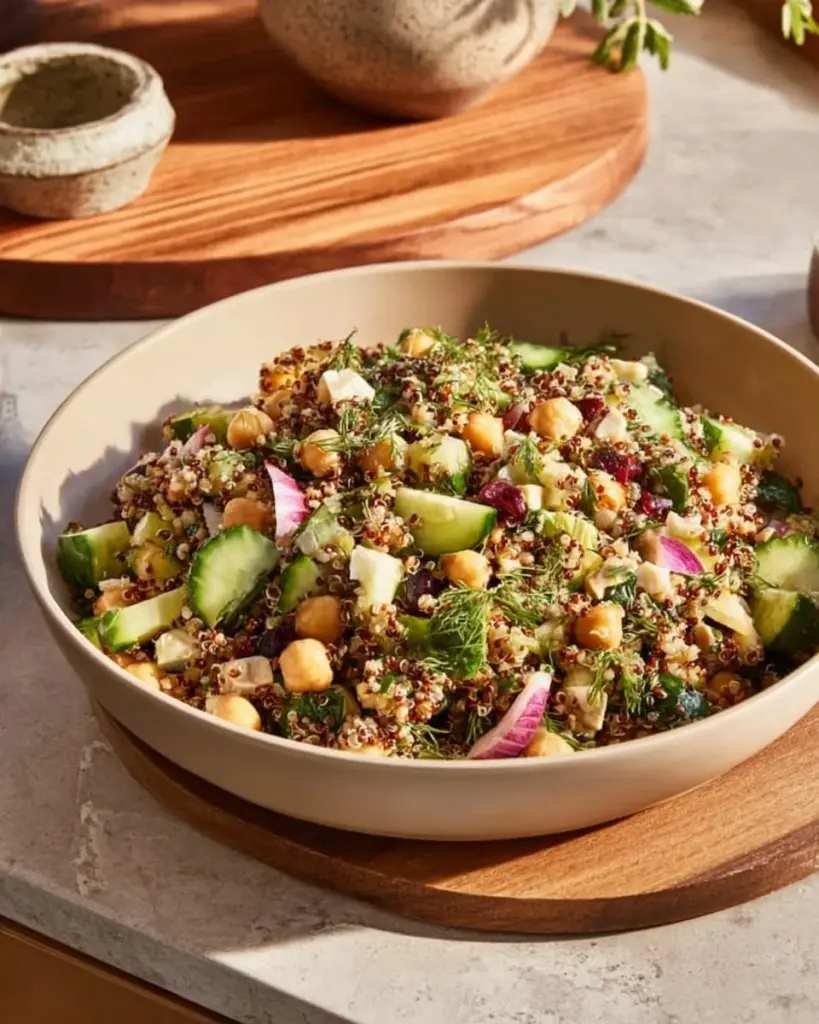 Crispy quinoa cucumber chickpea salad with fresh vegetables in a bowl