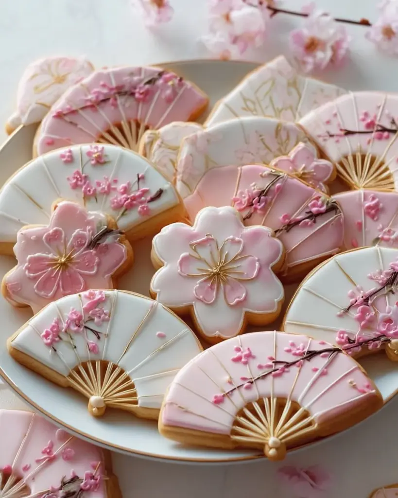 Beautifully decorated cookies with royal icing designs on a display tray.