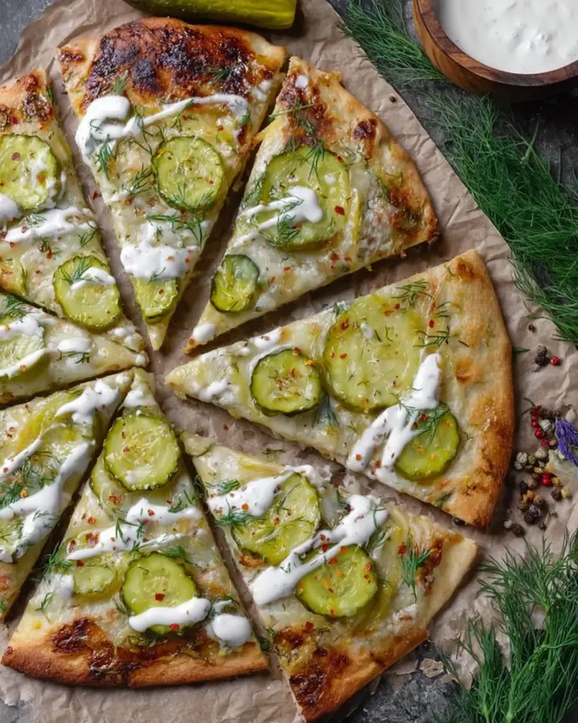 Dill Pickle and Garlic Pizza slice on a wooden board
