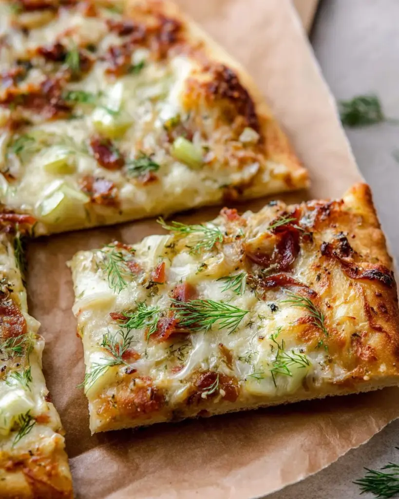Dill Pickle White Pizza with creamy sauce and dill toppings