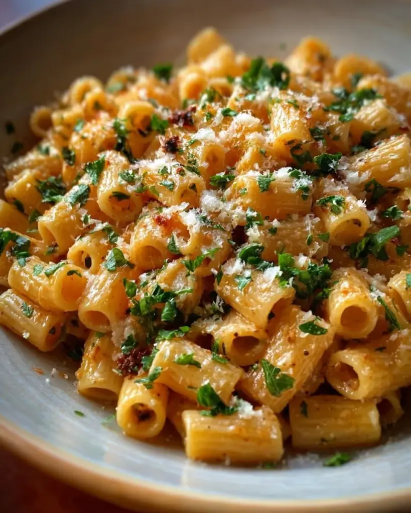 Ditalini pasta served with caramelized shallots and roasted garlic on a plate