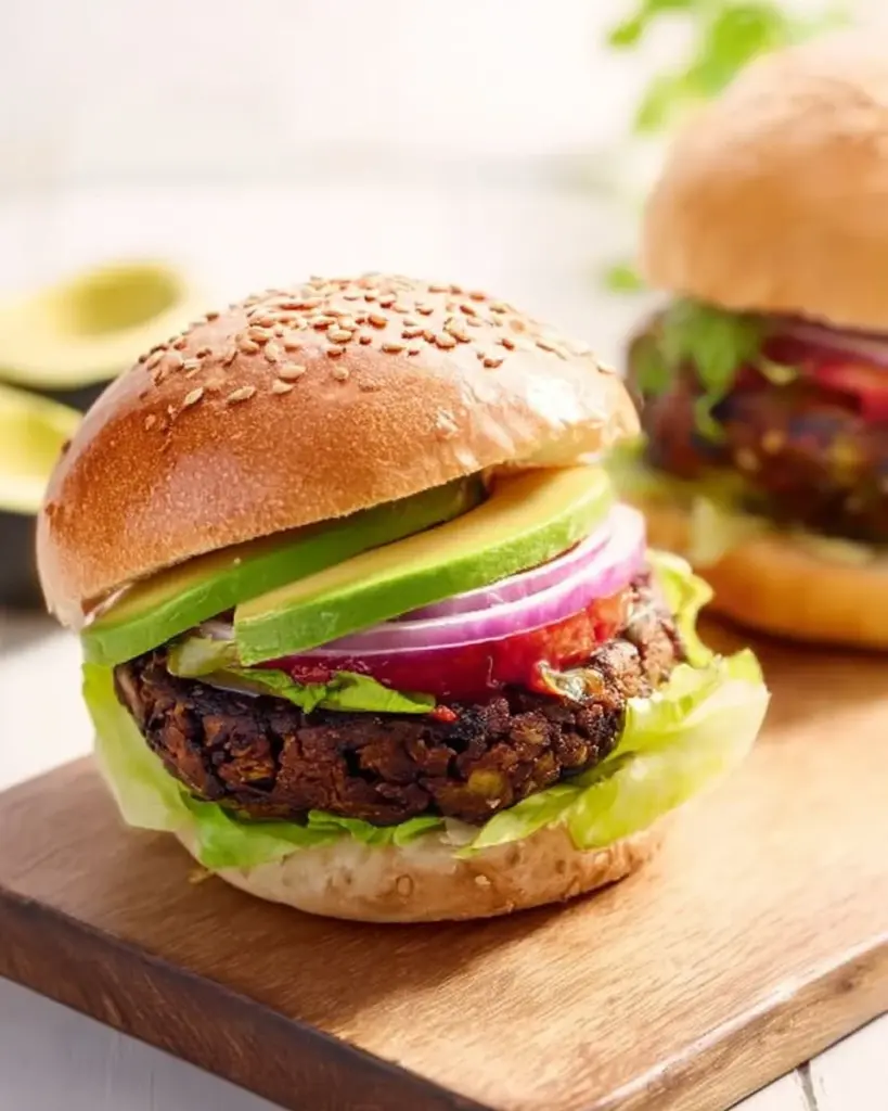 Homemade easy black bean burger on a plate with fresh toppings