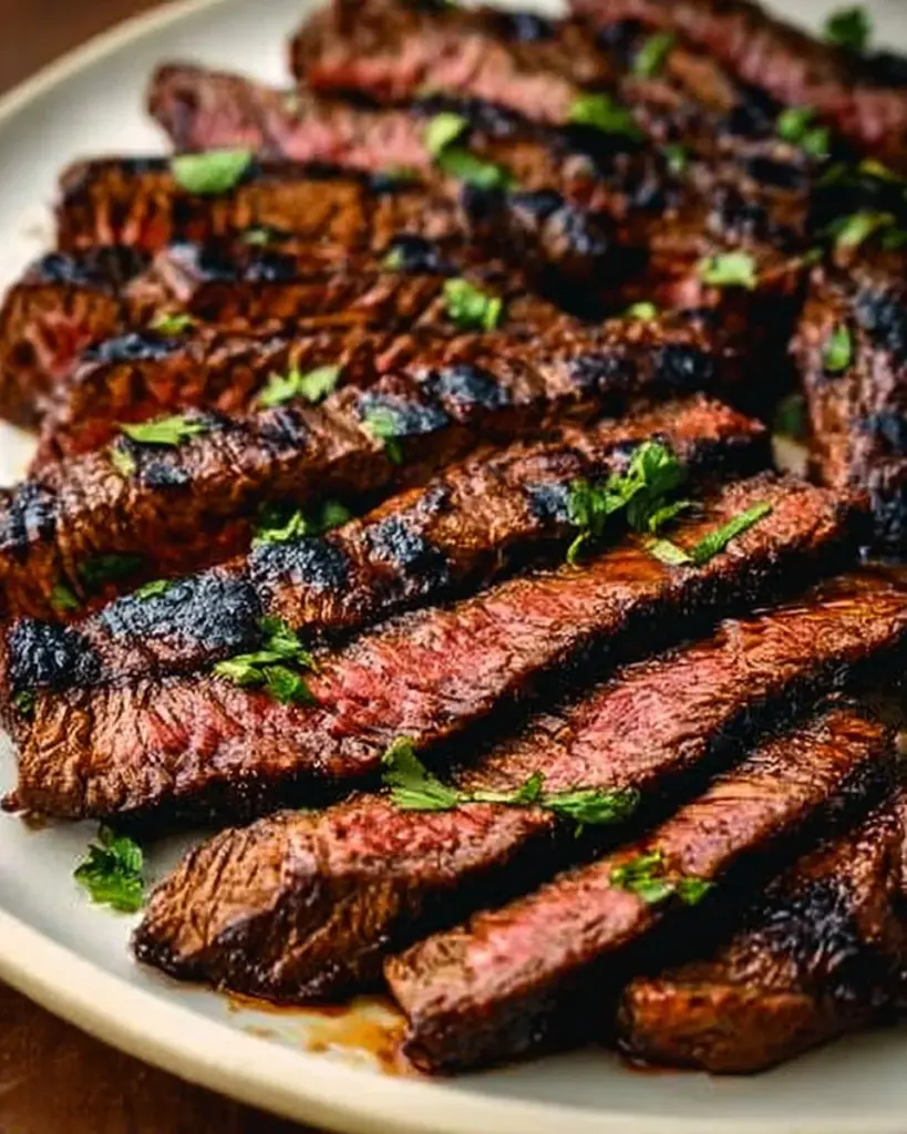 Deliciously charred and juicy marinated skirt steak on a grill