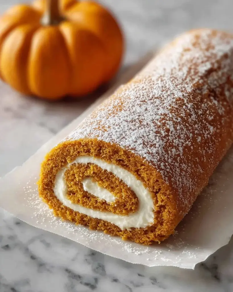 Delicious fall pumpkin spice roll cake topped with maple cream cheese frosting