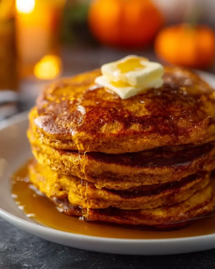 Fluffy pumpkin pancakes stacked on a plate with maple syrup and autumn leaves