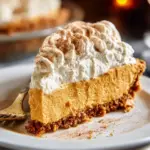 A delicious fluffy pumpkin mousse pie topped with whipped cream and spices