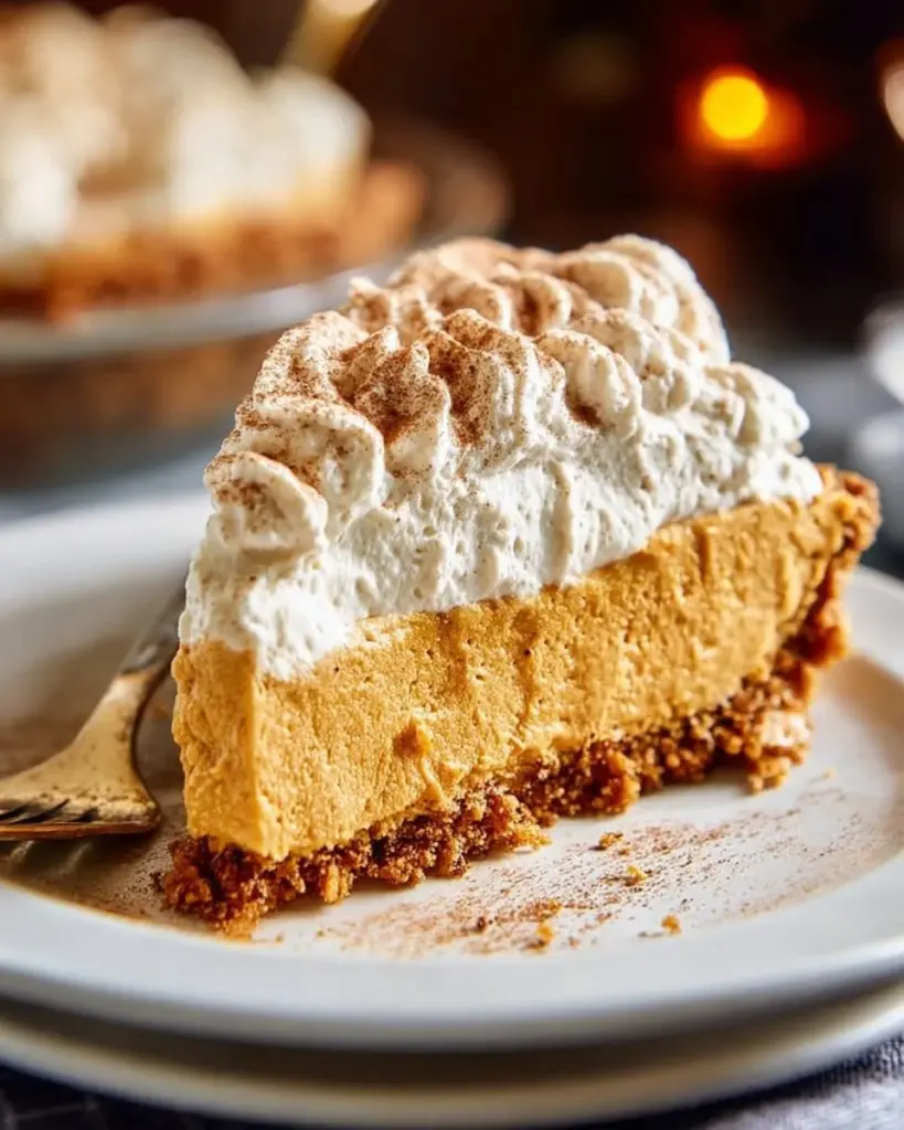A delicious fluffy pumpkin mousse pie topped with whipped cream and spices
