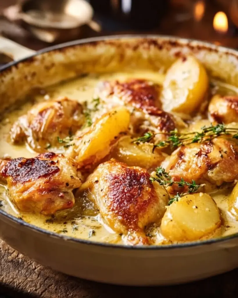 Delicious French chicken casserole served in a rustic dish, garnished with herbs.