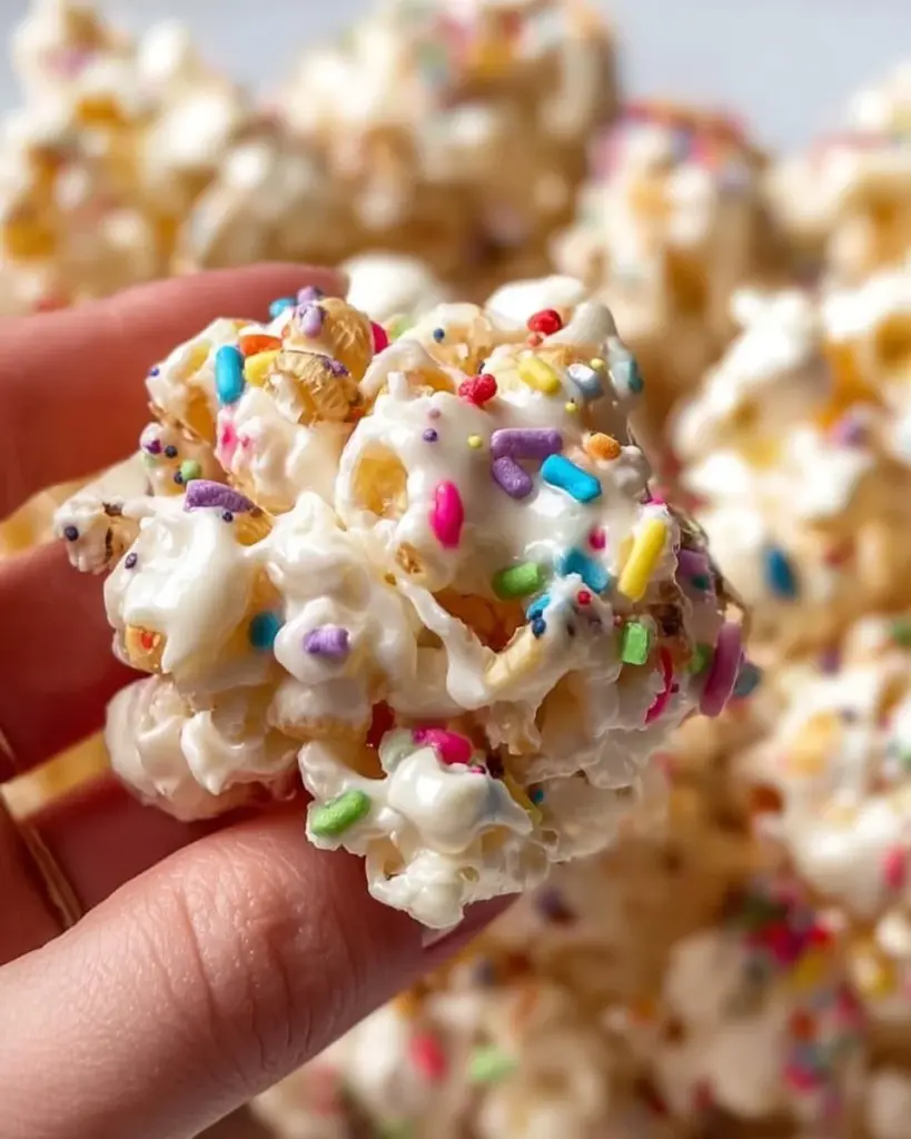 Colorful Funfetti marshmallow popcorn treats served in a bowl.