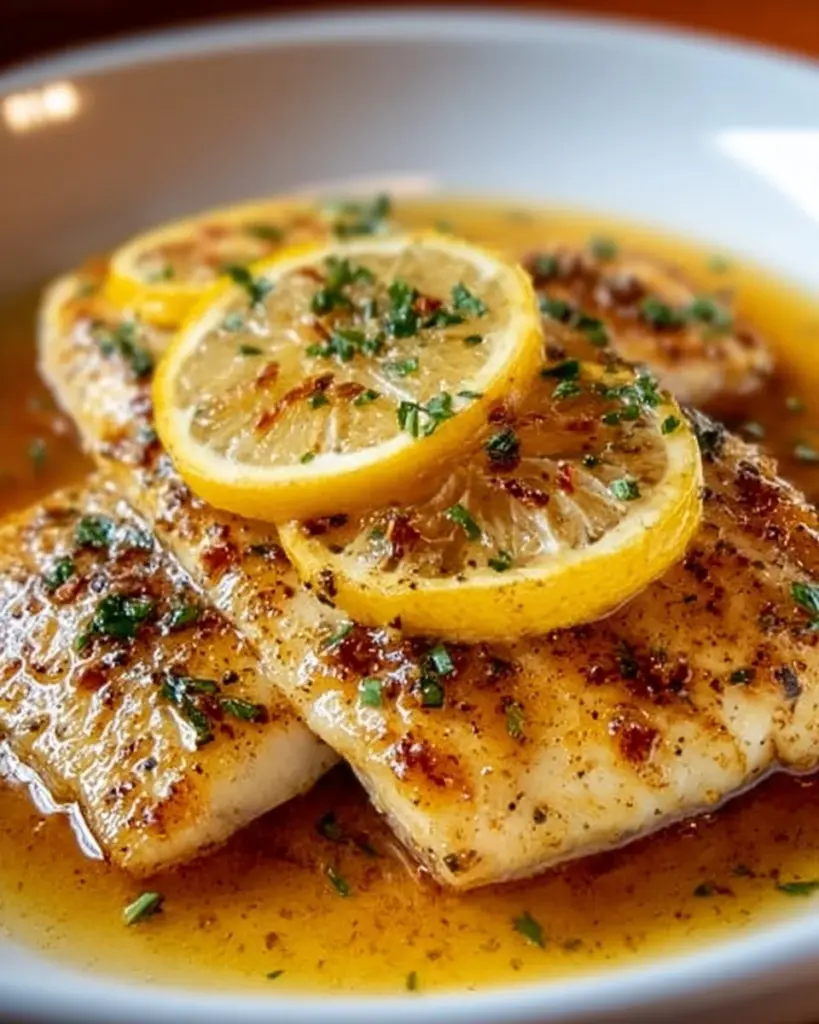 Garlic butter oven baked tilapia on a plate with herbs and lemon