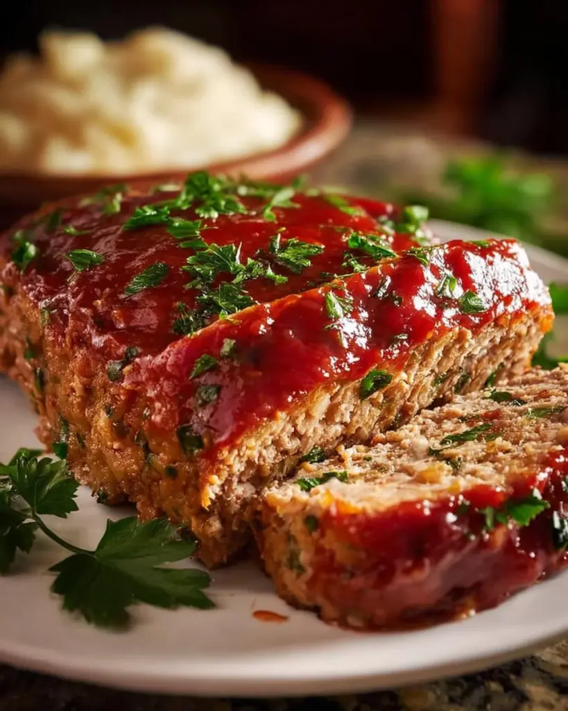 Garlic Butter Turkey Meatloaf served with vegetables on a plate