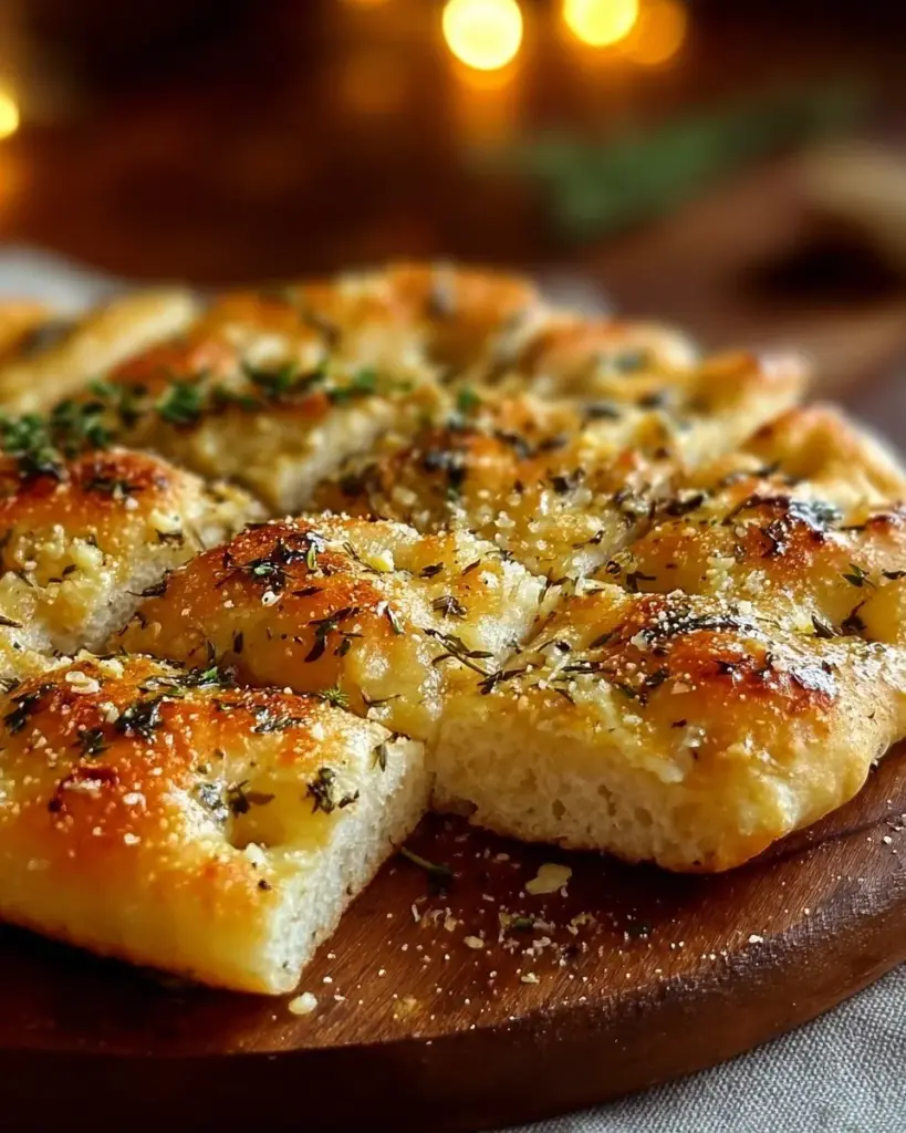 Freshly baked garlic parmesan focaccia bread with herbs and olive oil