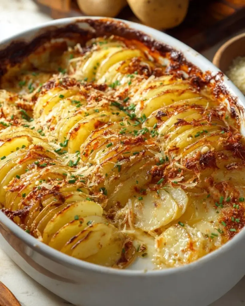 Deliciously baked Garlic Potato Gratin with layers of cheese and garlic