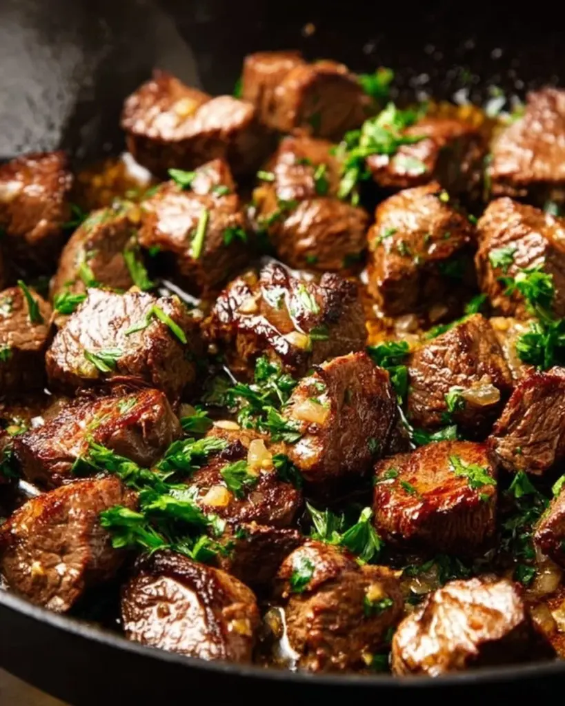 Delicious garlic steak bites served on a wooden platter.