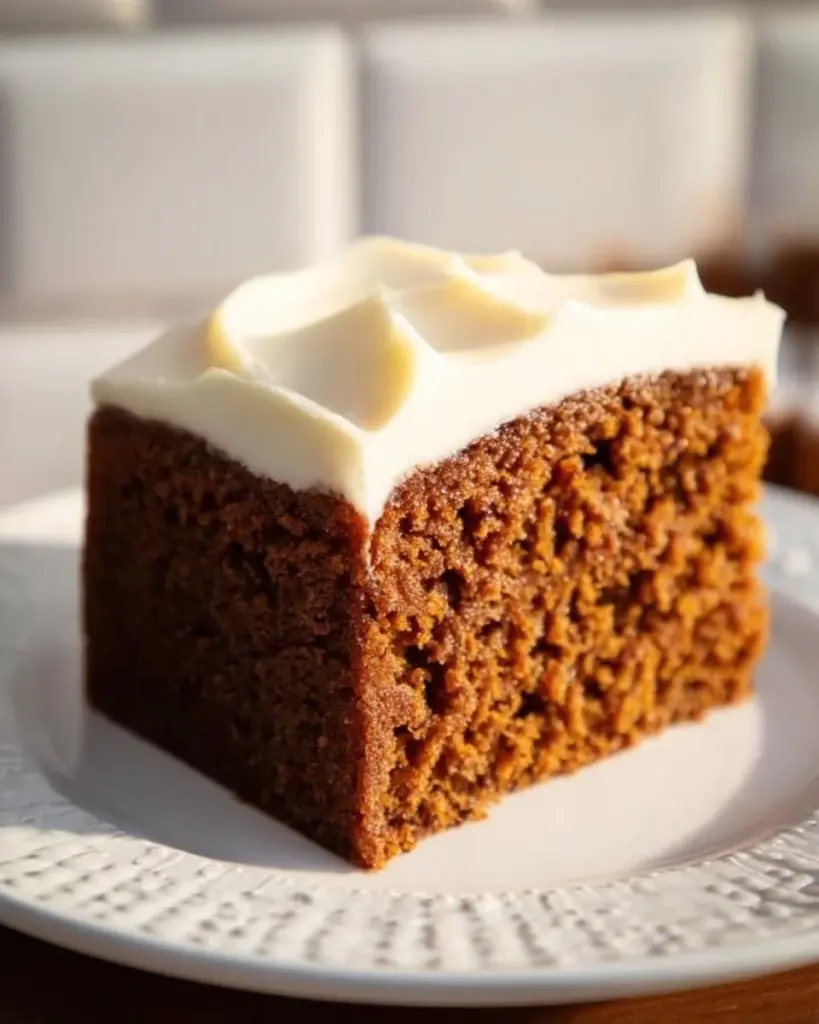 Gingerbread Cake topped with smooth cream cheese frosting on a rustic table.