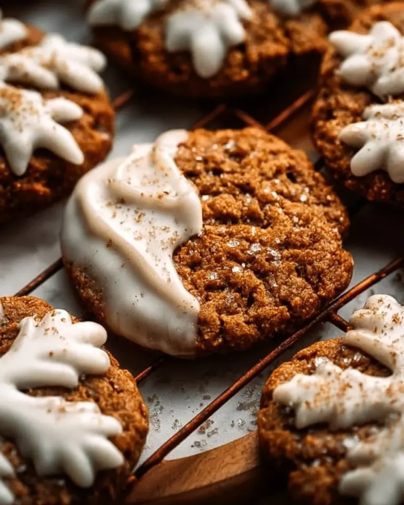 Freshly baked Gingerbread Latte Cookies on a plate with festive decorations.