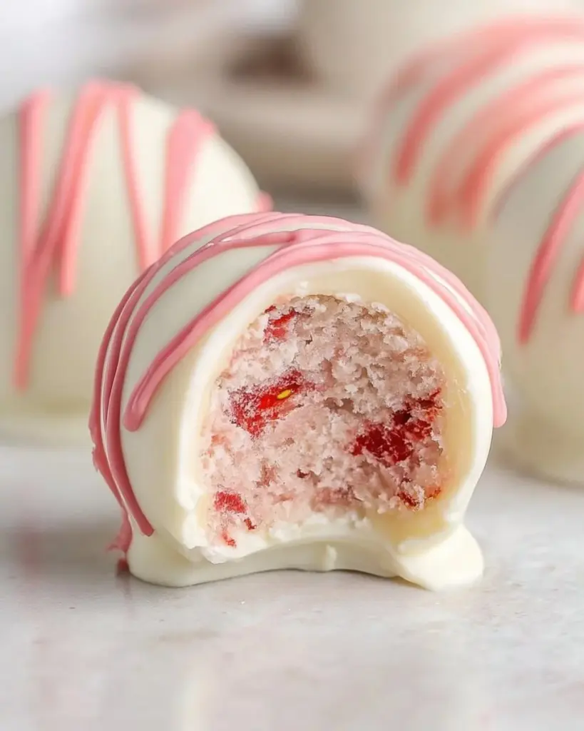 Golden Oreo Strawberry Truffles garnished with fresh strawberries and chocolate drizzle.