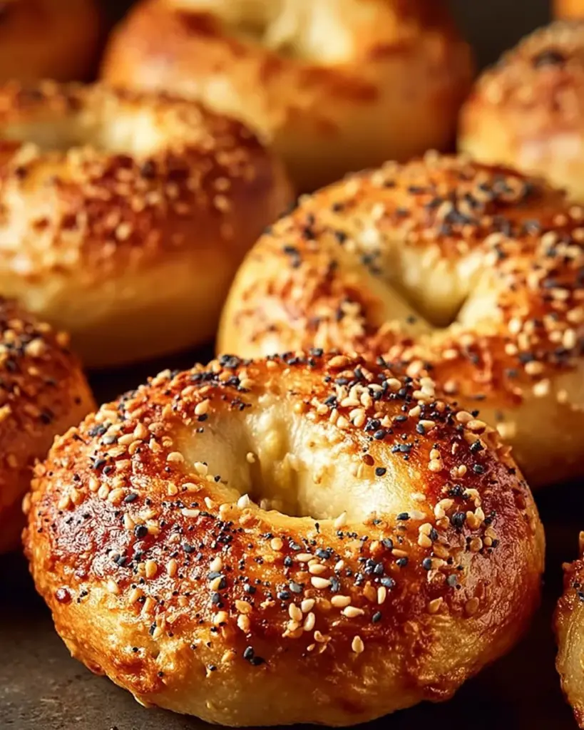 Homemade Greek yogurt bagels with toppings on a wooden table