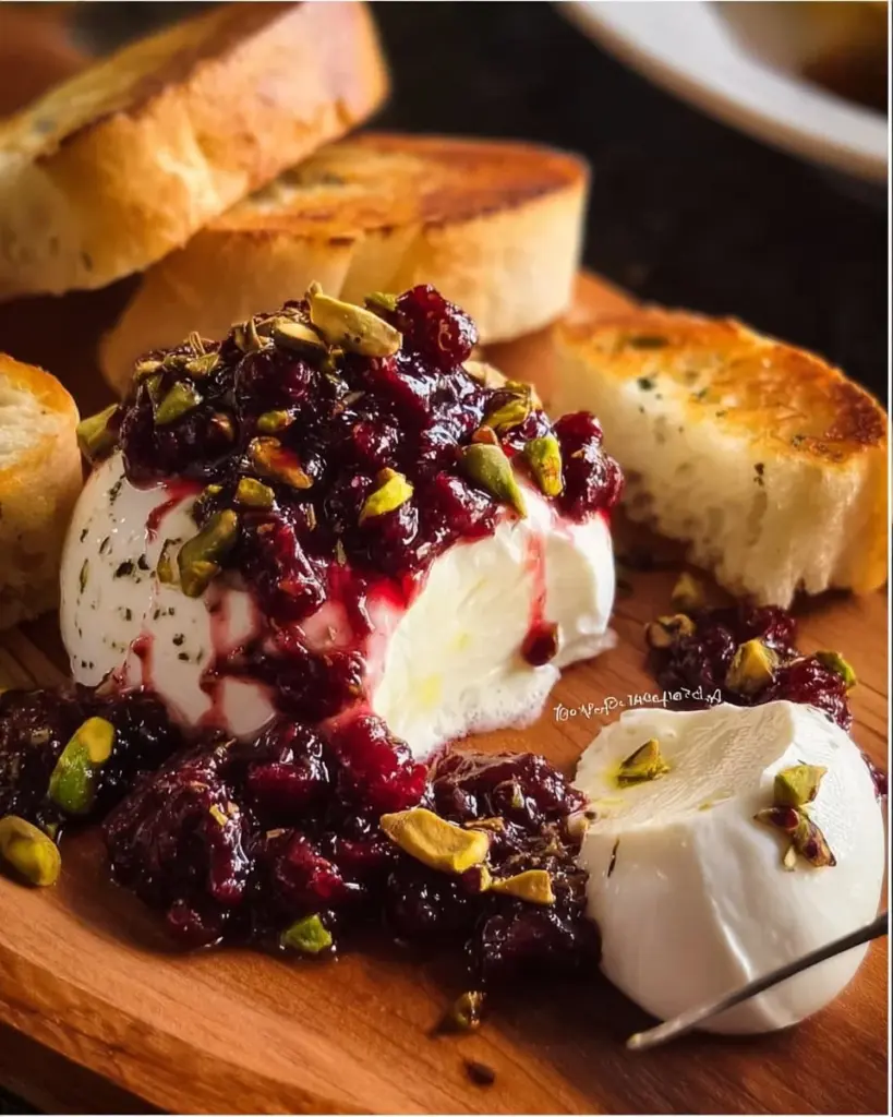 Grilled burrata rolls with cranberry sauce on a wooden platter