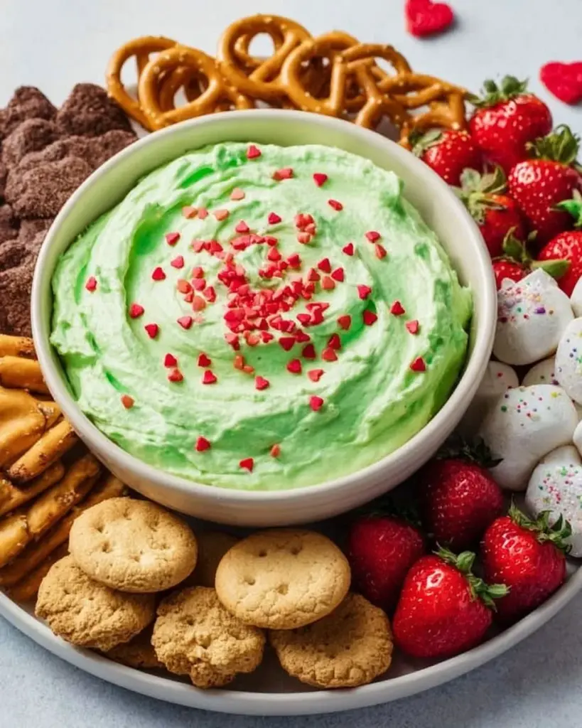 Festive Grinch Dip served in a festive bowl for holiday parties