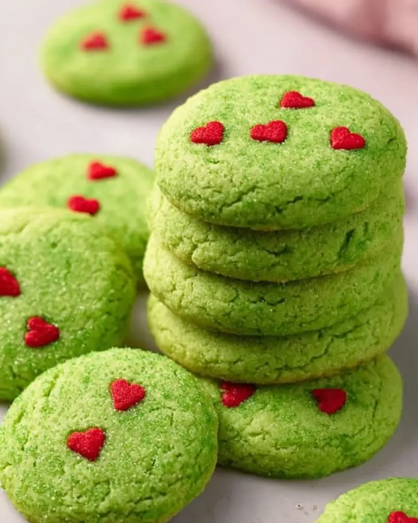 Festive Grinch drop sugar cookies decorated for the holiday season