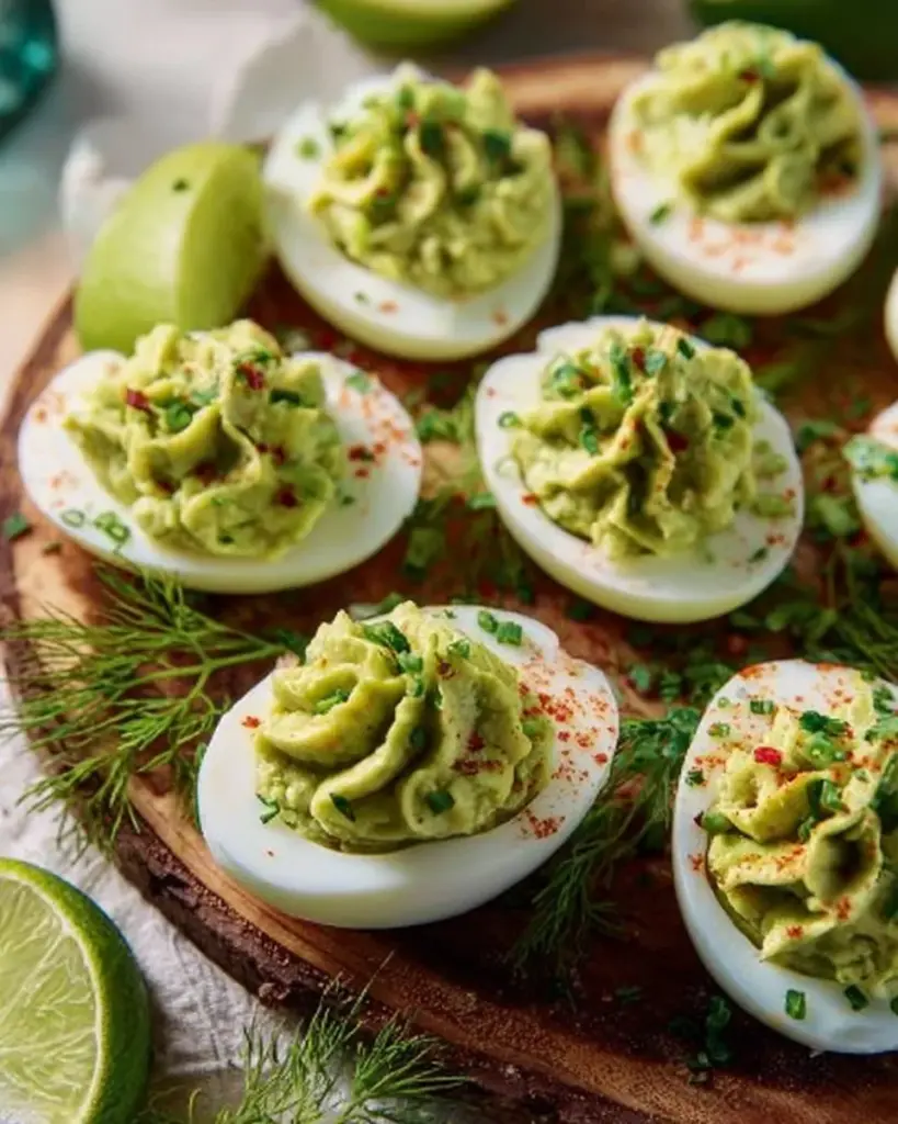 Delicious guacamole deviled eggs garnished with herbs