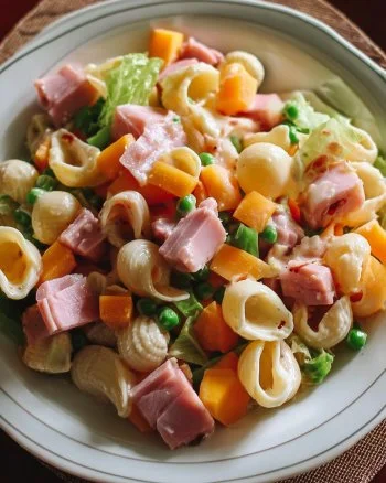 Delicious Ham and Shell Salad with fresh ingredients and tasty dressing