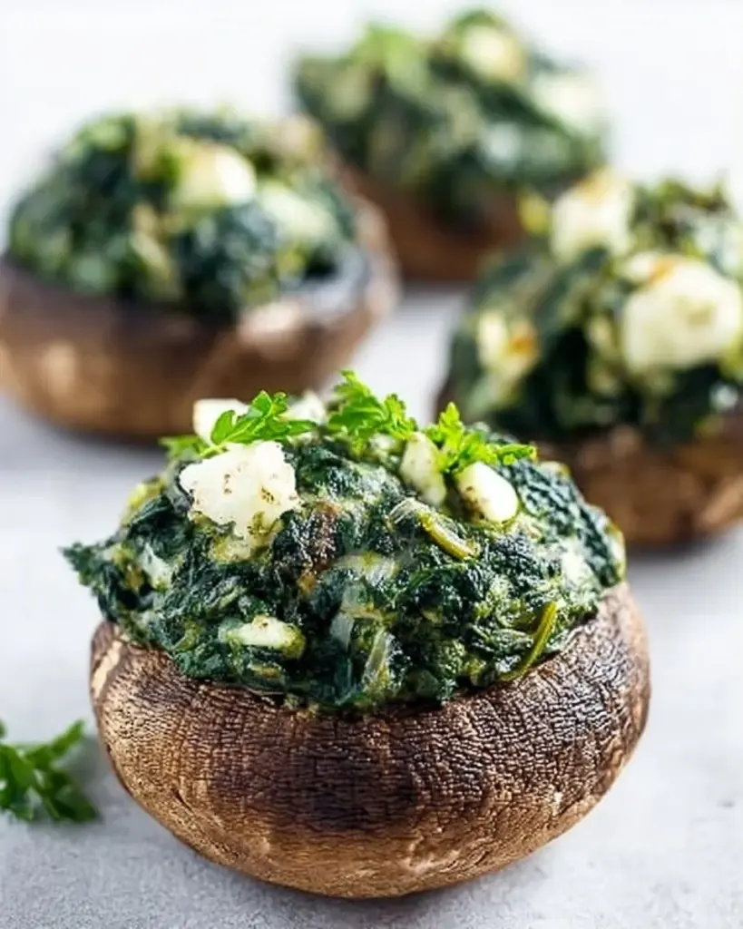 Delicious healthy spinach stuffed mushrooms ready to serve