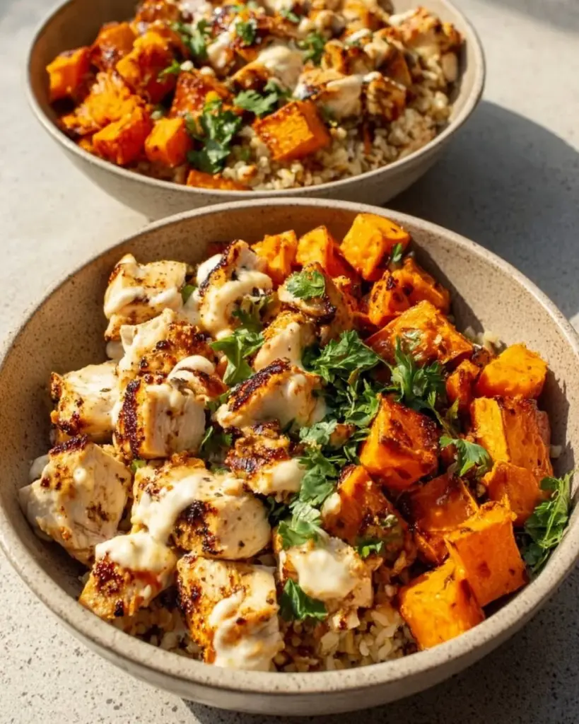 Hearty chicken rice bowl with sweet potatoes, a nutritious meal option.
