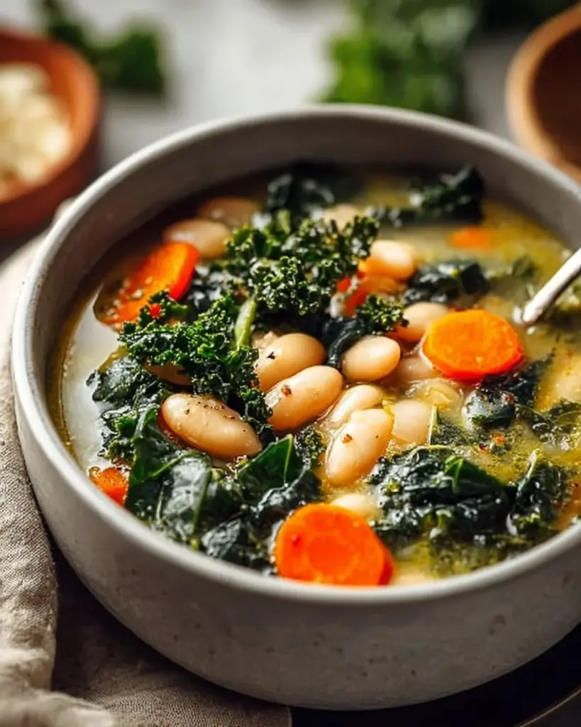 Bowl of hearty white bean and kale soup garnished with herbs