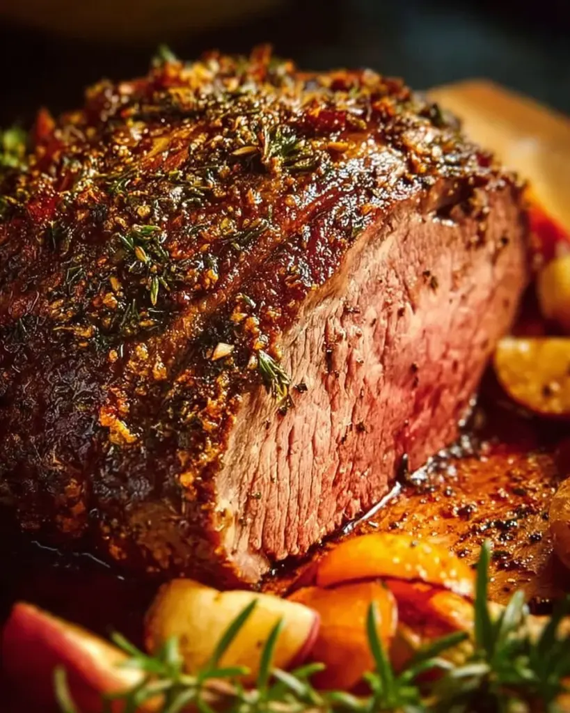 Plate of herb-crusted roast beef garnished with fresh herbs and spices.