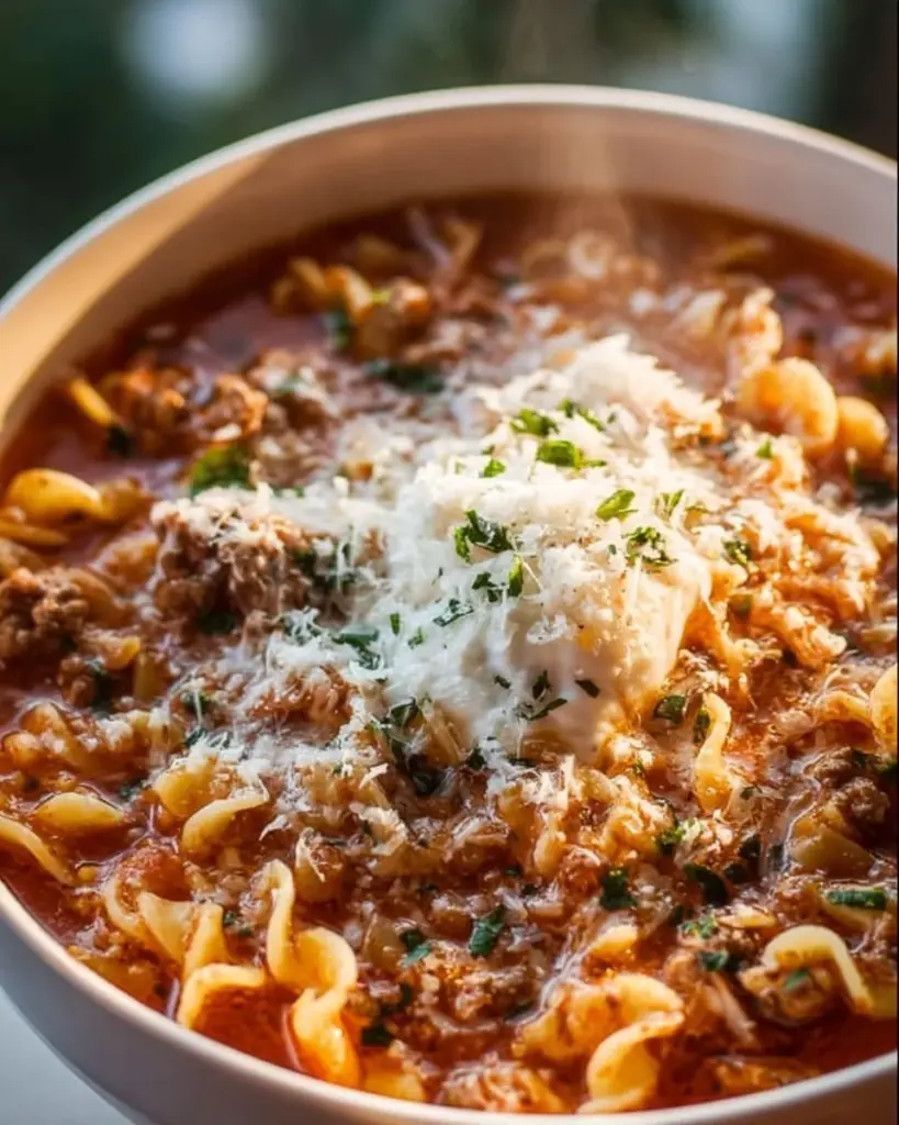 High protein lasagna soup garnished with parsley in a bowl