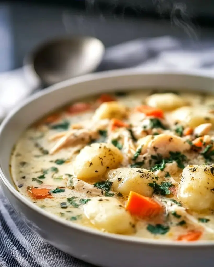 Bowl of homemade Chicken Gnocchi Soup with chicken, gnocchi, and vegetables