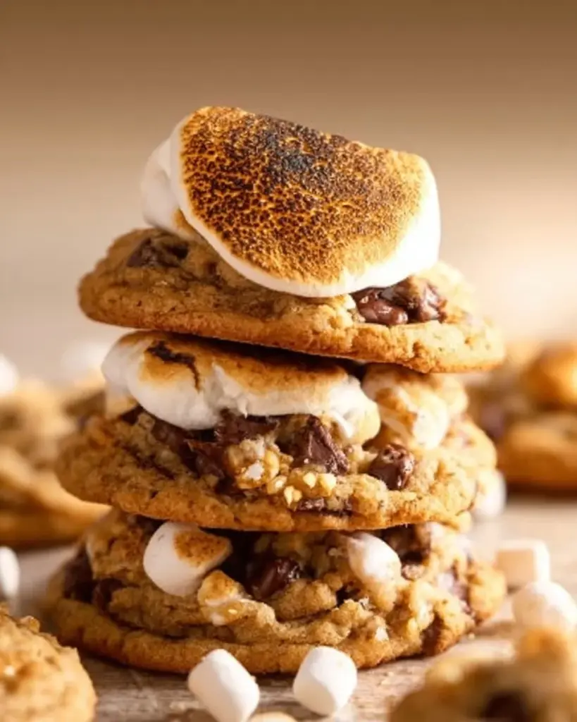 Homemade Crumbl S'mores Cookies with chocolate and marshmallow on a plate