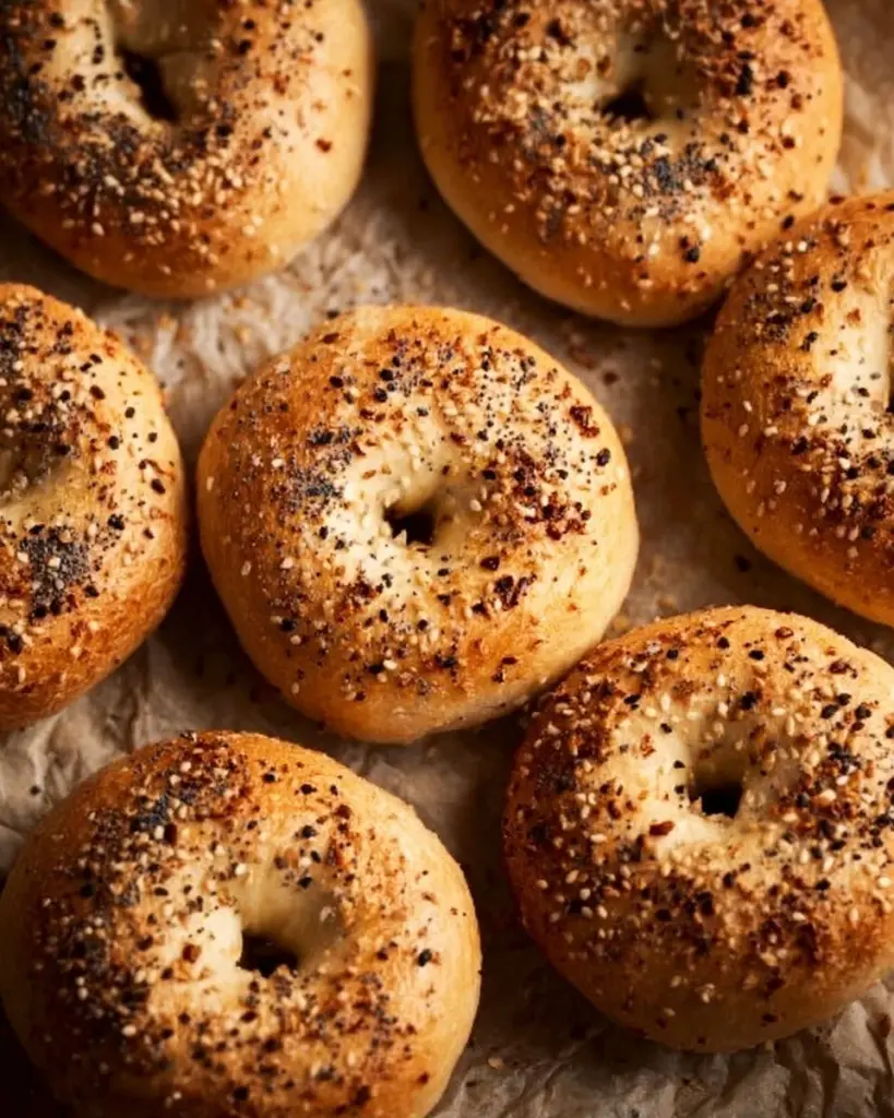 Homemade everything bagels fresh out of the oven, topped with sesame and poppy seeds.