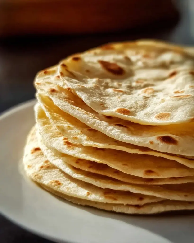 Freshly made homemade flour tortillas on a wooden cutting board