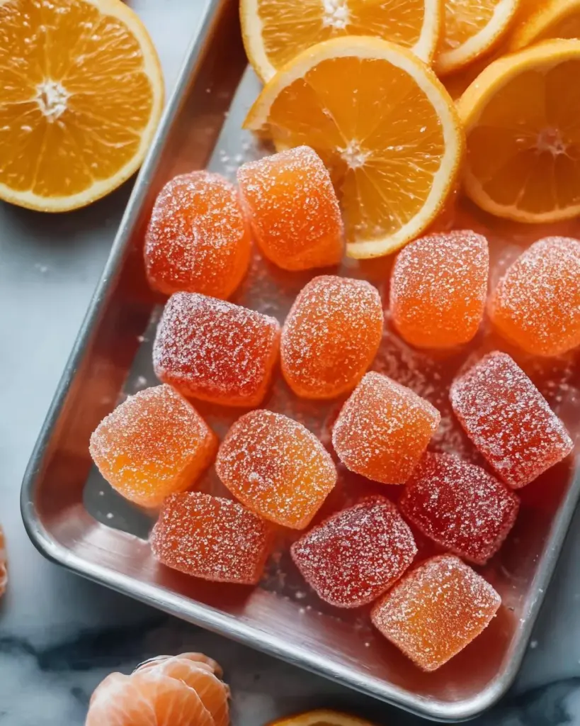 Homemade orange candy with vibrant orange slices on a rustic wooden table
